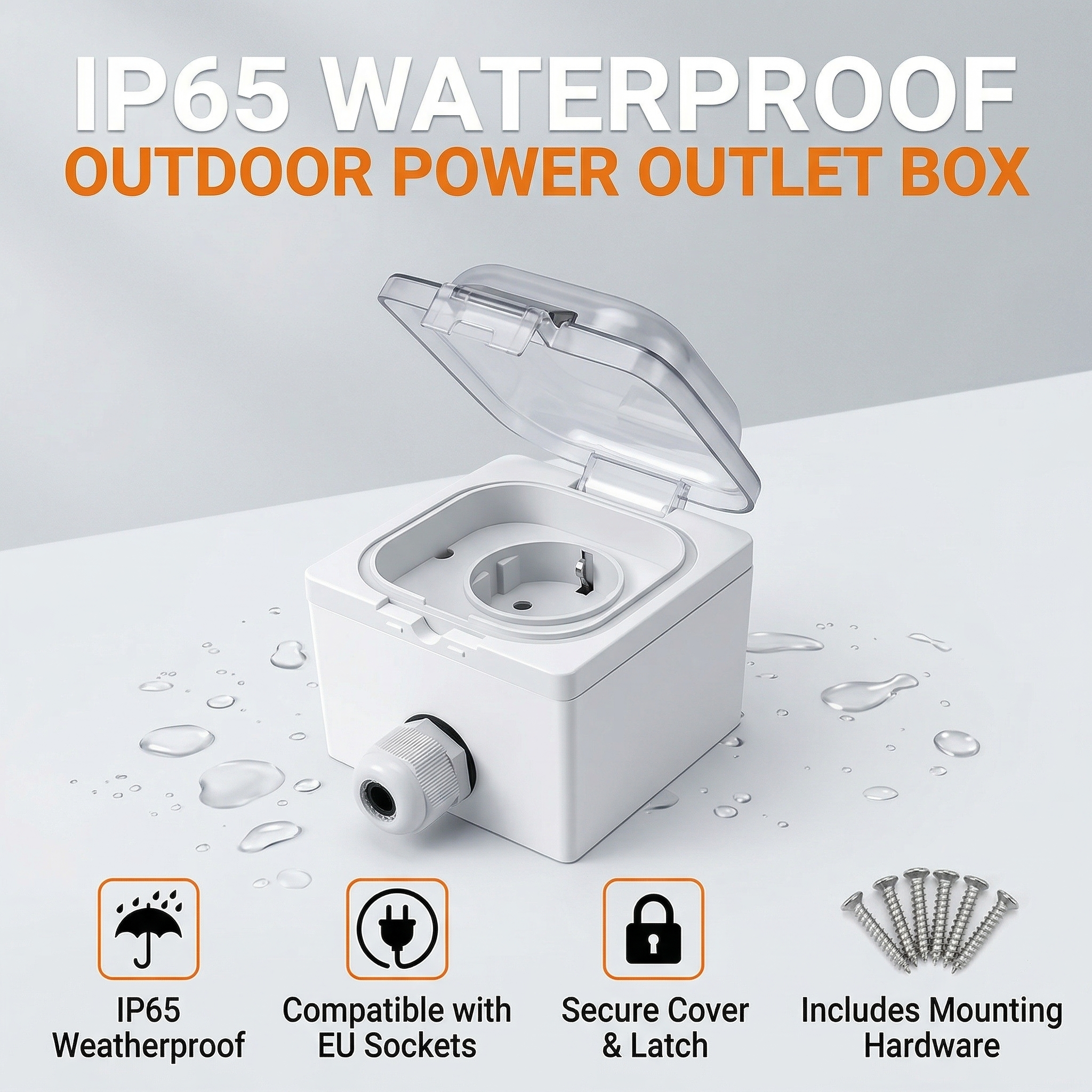 Outdoor Power Socket - IP65 Waterproof Surface-Mount Socket Box, Universal